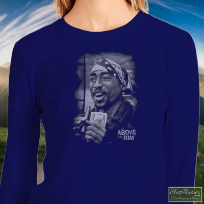 Women's 90s Above The Rim Tupac Shakur Movie Sweatshirt In Navy, Front View On Light Wood Background