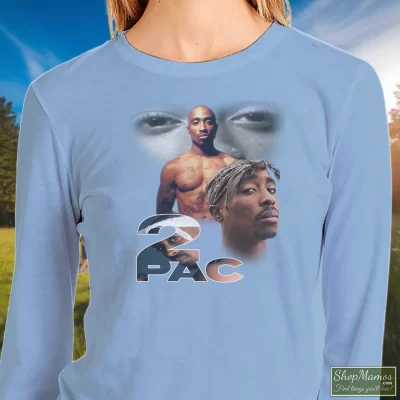 Women's 90s Bootleg 2pac Tupac Shakur Bootleg Sweatshirt In Light Blue, Front View On Dark Wood Background