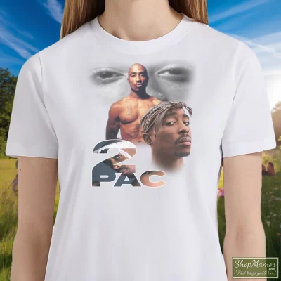 Women's 90s Bootleg 2pac Tupac Shakur Bootleg T Shirt In White, Front View On Dark Wood Background