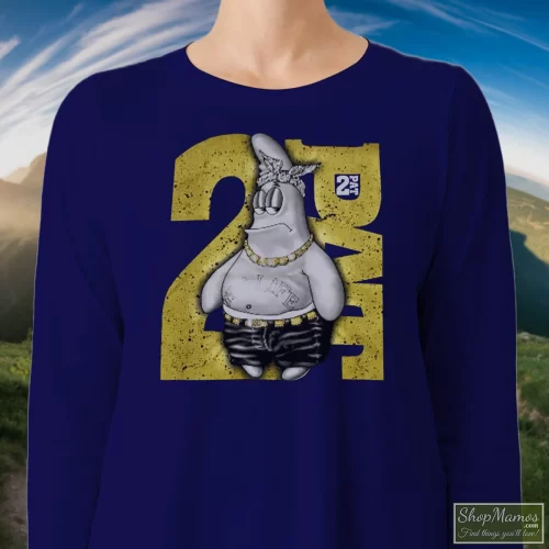 90s Patrick Star Spongebob 2 Fat Tupac Shakur Thug Life Parody With Diamonds Accessories Women’s Long Sleeve – Navy Front View On Light Wood Background Women's 90s Patrick Star Spongebob 2 Fat Tupac Shakur Thug Life Parody With Diamonds Accessories Long Sleeve In Navy, Front View On Light Wood Background