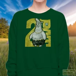90s Patrick Star Spongebob 2 Fat Tupac Shakur Thug Life Parody With Diamonds Accessories Shirt 3 Women's 90s Patrick Star Spongebob 2 Fat Tupac Shakur Thug Life Parody With Diamonds Accessories Sweatshirt In Forest Green, Front View On Light Wood Background