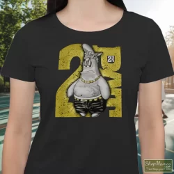 90s Patrick Star Spongebob 2 Fat Tupac Shakur Thug Life Parody With Diamonds Accessories Shirt 5 Women's 90s Patrick Star Spongebob 2 Fat Tupac Shakur Thug Life Parody With Diamonds Accessories T Shirt In Black, Front View On Light Wood Background