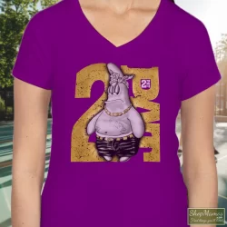 90s Patrick Star Spongebob 2 Fat Tupac Shakur Thug Life Parody With Diamonds Accessories Shirt 6 Women's 90s Patrick Star Spongebob 2 Fat Tupac Shakur Thug Life Parody With Diamonds Accessories V Neck In Purple, Front View On Light Wood Background