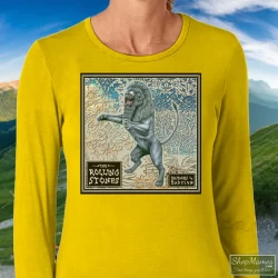90s Rolling Stones Bridges To Babylon Tour Shirt 6 Women's 90s Rolling Stones Bridges To Babylon Tour Long Sleeve In Yellow, Front View On Dark Wood Background