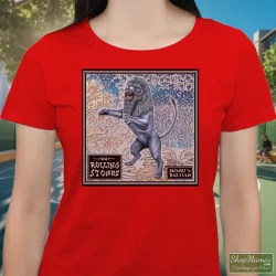 90s Rolling Stones Bridges To Babylon Tour Shirt 2 Women's 90s Rolling Stones Bridges To Babylon Tour T Shirt In Red, Front View On Dark Wood Background