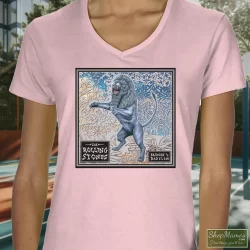90s Rolling Stones Bridges To Babylon Tour Shirt 3 Women's 90s Rolling Stones Bridges To Babylon Tour V Neck In Light Pink, Front View On Dark Wood Background