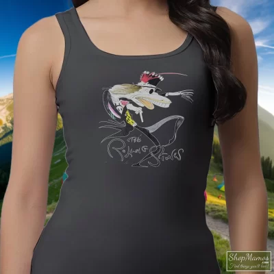 Women's 90s Rolling Stones Voodoo Lounge 1994 Black Tank Top In Charcoal, Front View On Dark Wood Background