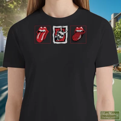 Women's 90s Rolling Stones Voodoo Lounge World Tour 94/95 T Shirt In Black, Front View On Light Wood Background