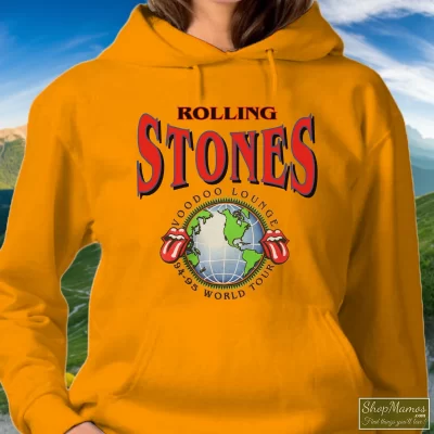 Women's 90s Rolling Stones Voodoo Lounge World Tour Hoodie In Orange, Front View On Dark Wood Background