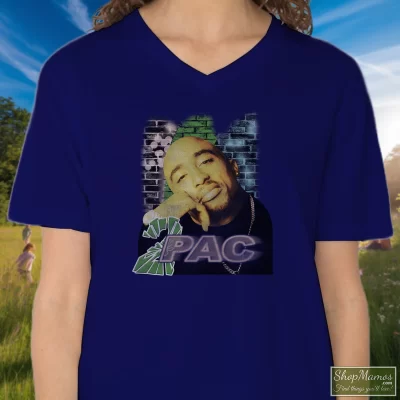 Women's 90s Tupac Shakur 2pac Hip Hop V Neck In Navy, Front View On Light Wood Background