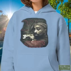 90s Tupac Shakur Shirt 2pac In Memory Of Rap Hip Hop Shirt 6 Women's 90s Tupac Shakur 2pac In Memory Of Rap Hip Hop Hoodie In Light Blue, Front View On Dark Wood Background