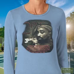 90s Tupac Shakur Shirt 2pac In Memory Of Rap Hip Hop Shirt 3 Women's 90s Tupac Shakur 2pac In Memory Of Rap Hip Hop Long Sleeve In Light Blue, Front View On Dark Wood Background