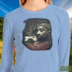 90s Tupac Shakur Shirt 2pac In Memory Of Rap Hip Hop Shirt 10 Women's 90s Tupac Shakur 2pac In Memory Of Rap Hip Hop Sweatshirt In Light Blue, Front View On Dark Wood Background