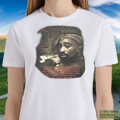Women's 90s Tupac Shakur 2pac In Memory Of Rap Hip Hop T Shirt In White, Front View On Dark Wood Background