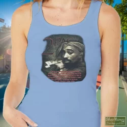 90s Tupac Shakur Shirt 2pac In Memory Of Rap Hip Hop Shirt 9 Women's 90s Tupac Shakur 2pac In Memory Of Rap Hip Hop Tank Top In Light Blue, Front View On Dark Wood Background