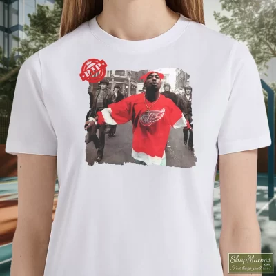 Women's 90s Tupac Shakur 2pac Wearing Detroit Red Wing Jersey Hip Hop Rap Hype Dope Swag T Shirt In White, Front View On Dark Wood Background