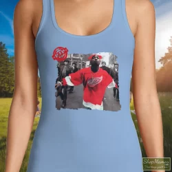 90s Tupac Shakur 2pac Wearing Detroit Red Wing Jersey Hip Hop Rap Hype Dope Swag Shirt 7 Women's 90s Tupac Shakur 2pac Wearing Detroit Red Wing Jersey Hip Hop Rap Hype Dope Swag Tank Top In Light Blue, Front View On Dark Wood Background