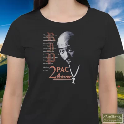 Women's 90s Tupac Shakur Machiavelli Rap 2pac 4ever T Shirt In Black, Front View On Light Wood Background