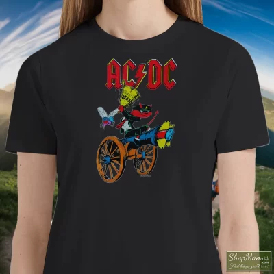 Women's Acdc 1990 A Decade At Donington Ac/dc Hells Bells T Shirt In Black, Front View On Light Wood Background