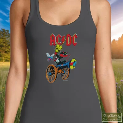 Women's Acdc 1990 A Decade At Donington Ac/dc Hells Bells Tank Top In Charcoal, Front View On Dark Wood Background