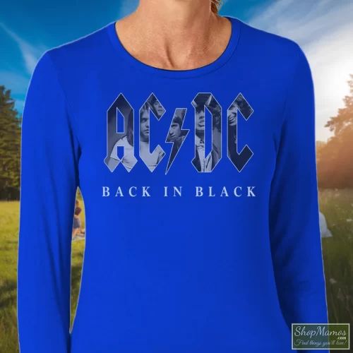 Acdc Back In Black Women’s Long Sleeve – Royal Blue Front View On Light Wood Background Women's Acdc Back In Black Long Sleeve In Royal Blue, Front View On Light Wood Background