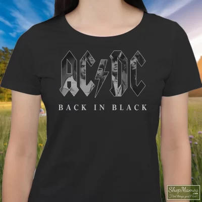 Women's Acdc Back In Black T Shirt In Black, Front View On Light Wood Background