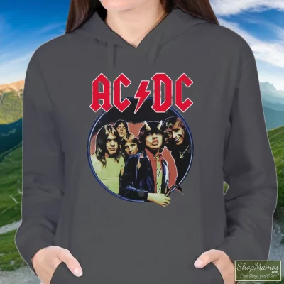 Women's Acdc Band Hoodie In Charcoal, Front View On Dark Wood Background