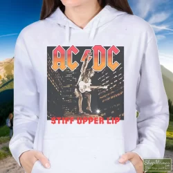 ACDC Band Tees 2000 ACDC Stiff Upper Lip Tour Tee Shirt 10 Women's Acdc Band Tees 2000 Acdc Stiff Upper Lip Tour Hoodie In White, Front View On Dark Wood Background