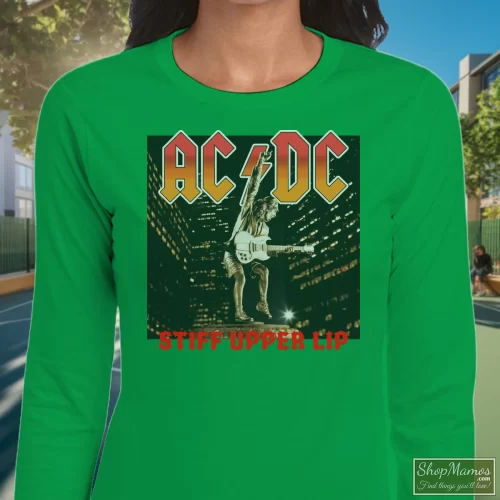 Acdc Band Tees 2000 Acdc Stiff Upper Lip Tour Women’s Long Sleeve – Irish Green Front View On Light Wood Background Women's Acdc Band Tees 2000 Acdc Stiff Upper Lip Tour Long Sleeve In Irish Green, Front View On Light Wood Background