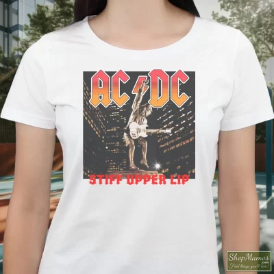 Women's Acdc Band Tees 2000 Acdc Stiff Upper Lip Tour T Shirt In White, Front View On Dark Wood Background