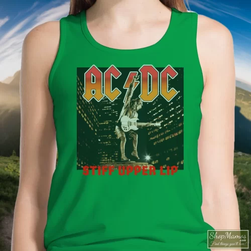 Acdc Band Tees 2000 Acdc Stiff Upper Lip Tour Women’s Tank Top – Irish Green Front View On Light Wood Background Women's Acdc Band Tees 2000 Acdc Stiff Upper Lip Tour Tank Top In Irish Green, Front View On Light Wood Background