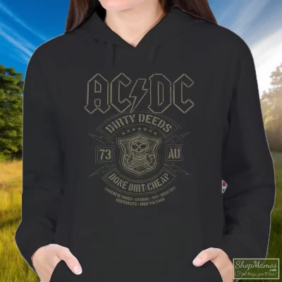 Women's Acdc Black Dirty Deeds Fashion Cool Hoodie In Black, Front View On Light Wood Background
