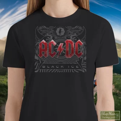 Women's Acdc Black Ice Australian Rock Band T Shirt In Black, Front View On Light Wood Background