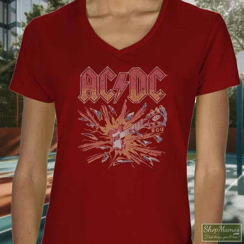 AcDc Blow Up Rock Women’s V Neck – Maroon Front View On Light Wood Background Women's AcDc Blow Up Rock V Neck In Maroon, Front View On Light Wood Background