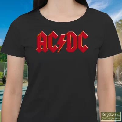Women's Acdc Classic Logo Comfortable Short Sleeve T Shirt In Black, Front View On Light Wood Background