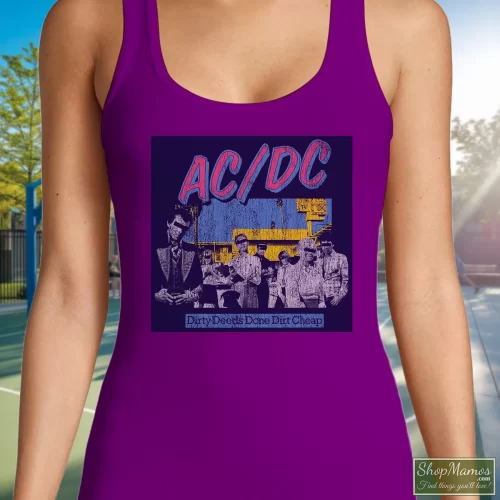 Acdc Dirty Deeds Done Dirt Women’s Tank Top – Purple Front View On Light Wood Background Women's Acdc Dirty Deeds Done Dirt Tank Top In Purple, Front View On Light Wood Background
