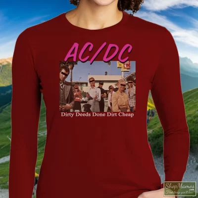 Women's Acdc Dirty Deeds Done Dirt Graphic Long Sleeve In Maroon, Front View On Light Wood Background