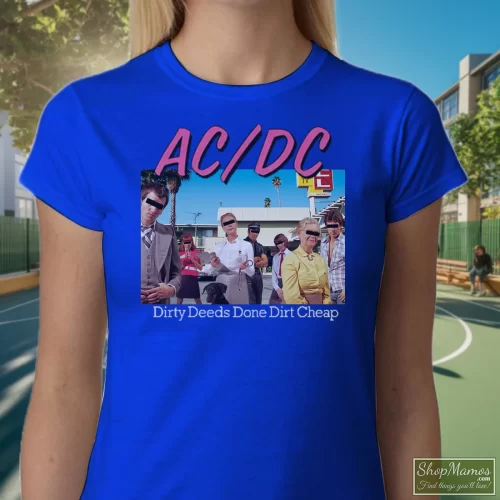 Acdc Dirty Deeds Done Dirt Graphic Women’s T Shirt – Royal Blue Front View On Light Wood Background Women's Acdc Dirty Deeds Done Dirt Graphic T Shirt In Royal Blue, Front View On Light Wood Background