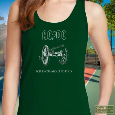 Women's Acdc For Those About To Rock Band Logo Distressed Tank Top In Forest Green, Front View On Light Wood Background