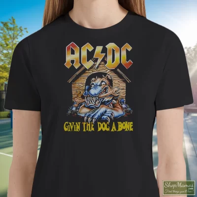 Women's Acdc Give The Dog A Bone T Shirt In Black, Front View On Light Wood Background