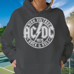 ACDC Heavy Metal Rock Band High Voltage Rock & Roll Youth Shirt 9 Women's Acdc Heavy Metal Rock Band High Voltage Rock & Roll Youth Hoodie In Charcoal, Front View On Dark Wood Background