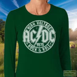 ACDC Heavy Metal Rock Band High Voltage Rock & Roll Youth Shirt 1 Women's Acdc Heavy Metal Rock Band High Voltage Rock & Roll Youth Long Sleeve In Forest Green, Front View On Light Wood Background
