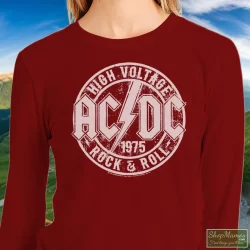 ACDC Heavy Metal Rock Band High Voltage Rock & Roll Youth Shirt 4 Women's Acdc Heavy Metal Rock Band High Voltage Rock & Roll Youth Sweatshirt In Maroon, Front View On Light Wood Background