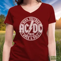 ACDC Heavy Metal Rock Band High Voltage Rock & Roll Youth Shirt 8 Women's Acdc Heavy Metal Rock Band High Voltage Rock & Roll Youth V Neck In Maroon, Front View On Light Wood Background