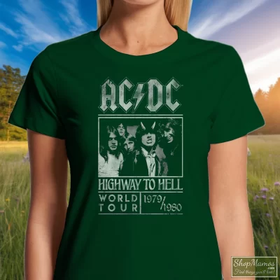 Women's Acdc Highway To Hell World Tour 79 - 80 Rock T Shirt In Forest Green, Front View On Light Wood Background