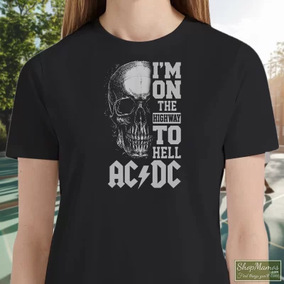 Women's Acdc I'm On The Highway To Hell T Shirt In Black, Front View On Light Wood Background