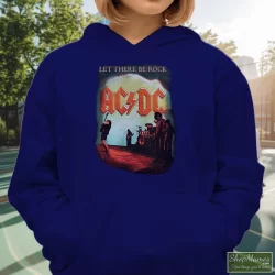 ACDC Let There Be Rock Rock Band Shirt 3 Women's Acdc Let There Be Rock Rock Band Hoodie In Navy, Front View On Light Wood Background
