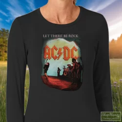 ACDC Let There Be Rock Rock Band Shirt 2 Women's Acdc Let There Be Rock Rock Band Long Sleeve In Black, Front View On Light Wood Background