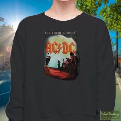 ACDC Let There Be Rock Rock Band Shirt 7 Women's Acdc Let There Be Rock Rock Band Sweatshirt In Black, Front View On Light Wood Background