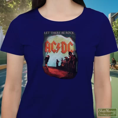 Women's Acdc Let There Be Rock Rock Band T Shirt In Navy, Front View On Light Wood Background
